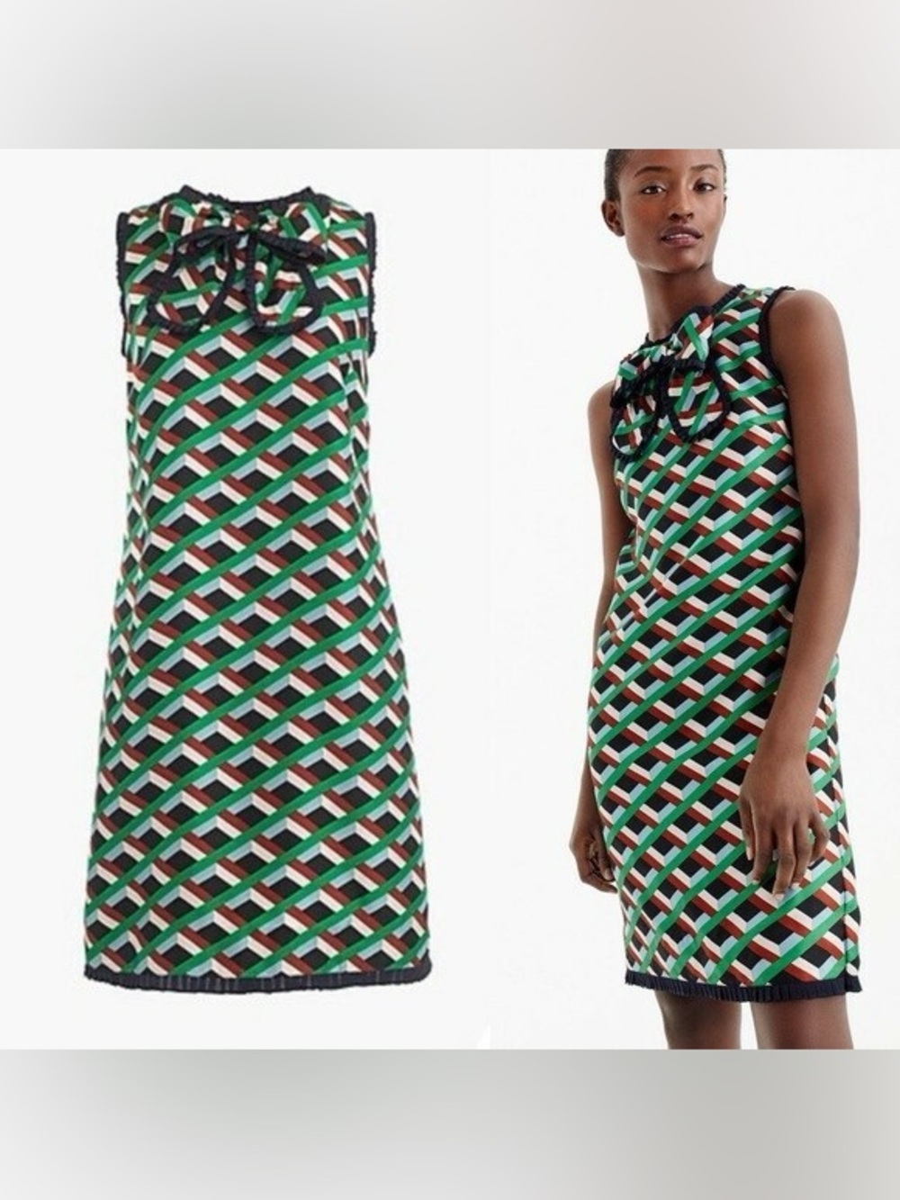 J.Crew Size 2 Bow Neckline 100% Silk Shift Dress with Diamond Print Pattern